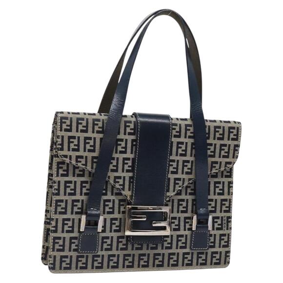 FENDI Zucchino Canvas Mamma Baguette Hand Bag Navy Silver - Picture 1 of 14